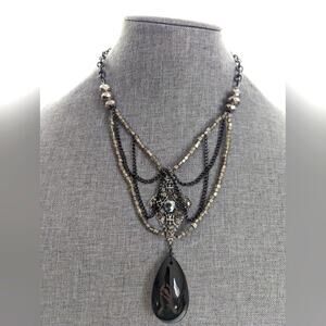 Ren Faire Beaded Chain Gothic Layered Stone  Silver Tone Filigree Swag Necklace